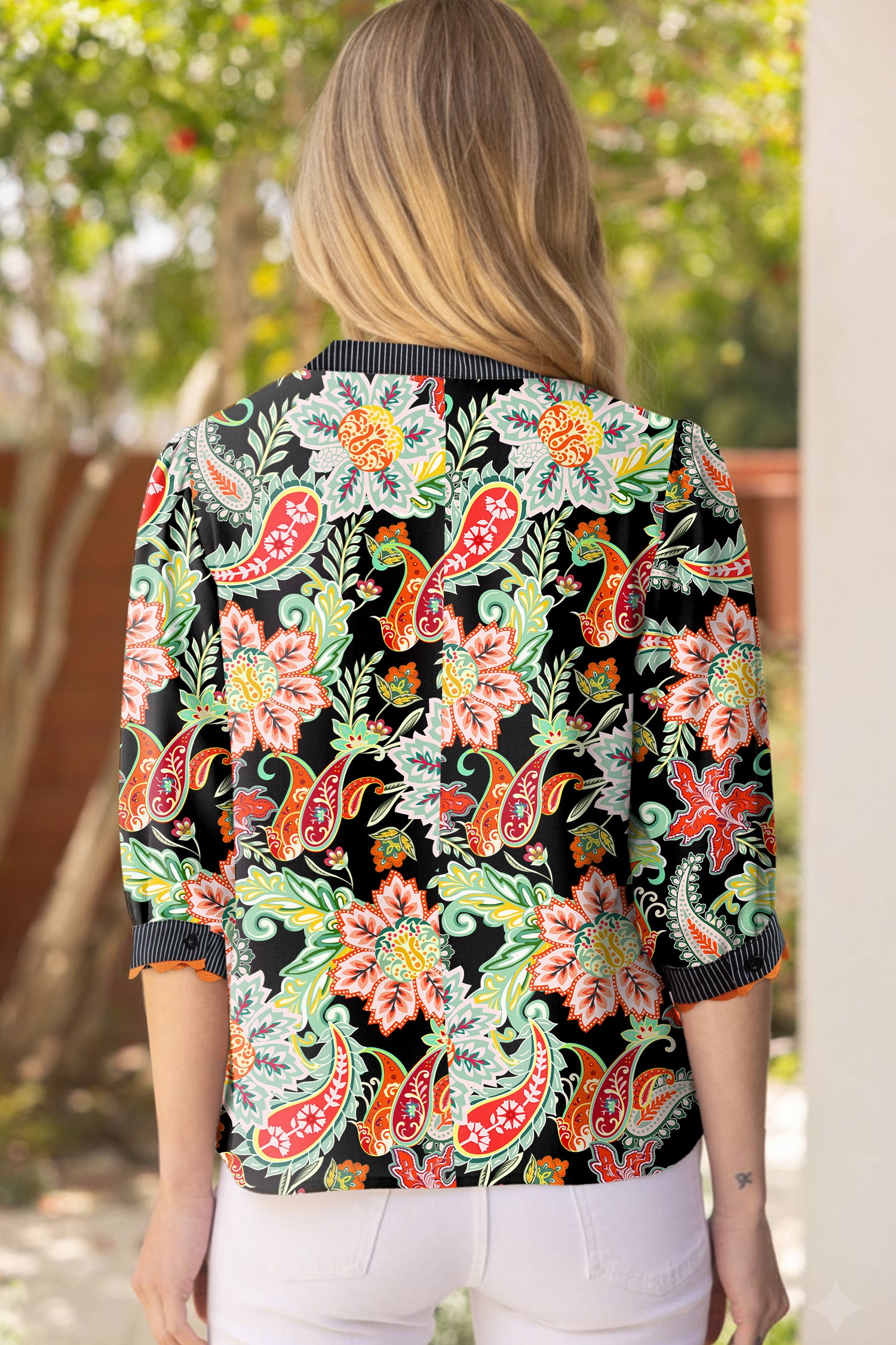 Black Contrast Ricrac Trim Striped Edge Patchwork Floral Print Blouse cdec84cf3a695181