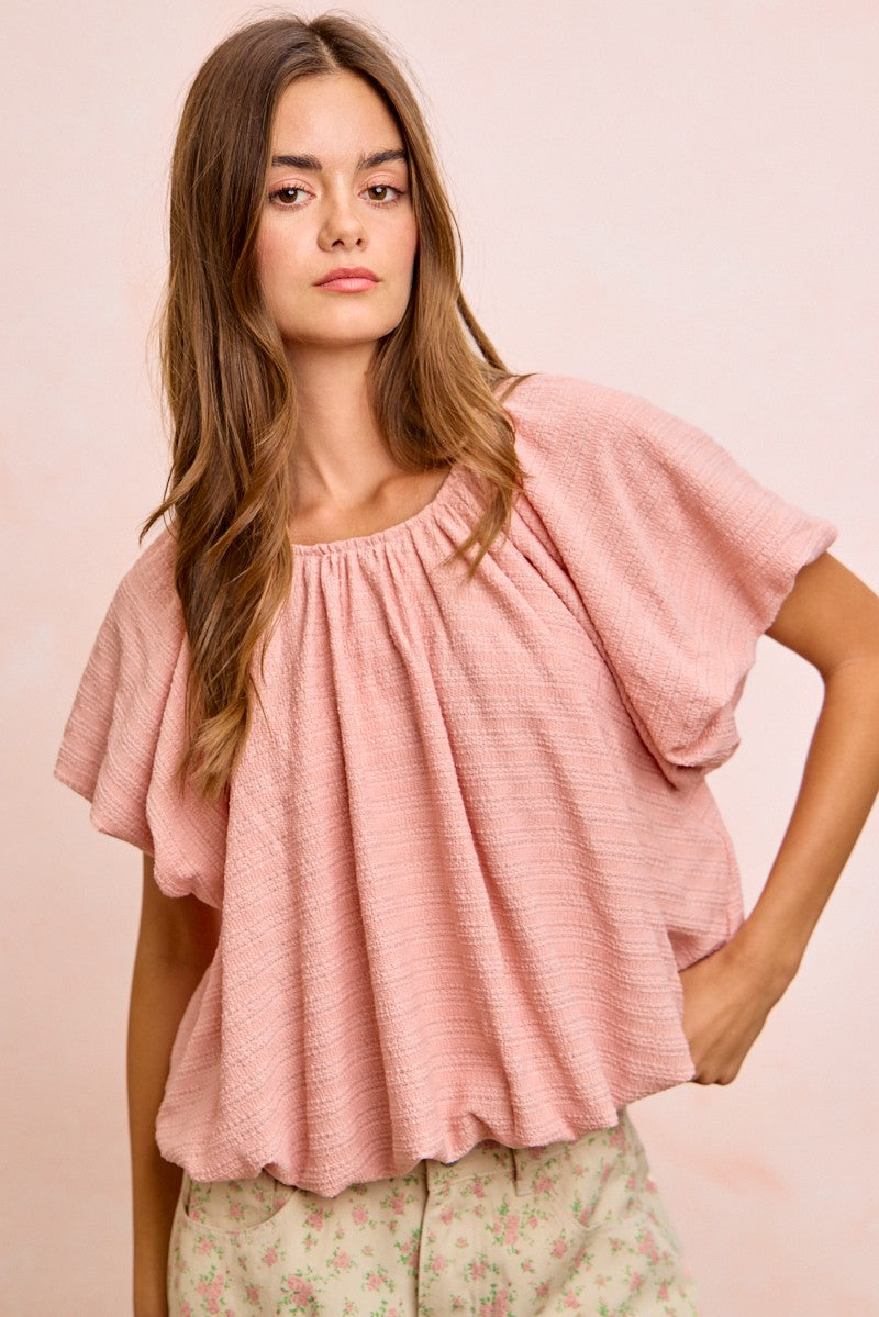 BiBi Stripes Textured Shirred Neckline Bubble Hem Top ROSE cdecbd8a770e41c1bdc44e66190b0dbc-Max