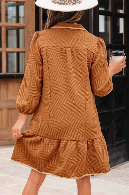 Textured Quarter Zip Collar 3/4 Sleeve Mini Dress cdefc55c-35fc-4c7c-a91b-20abe9b581c6