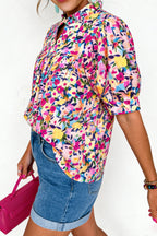 Pink Flower Print Frilled Collar Short Puff Sleeve Summer Blouse cdf6f1b07a759693