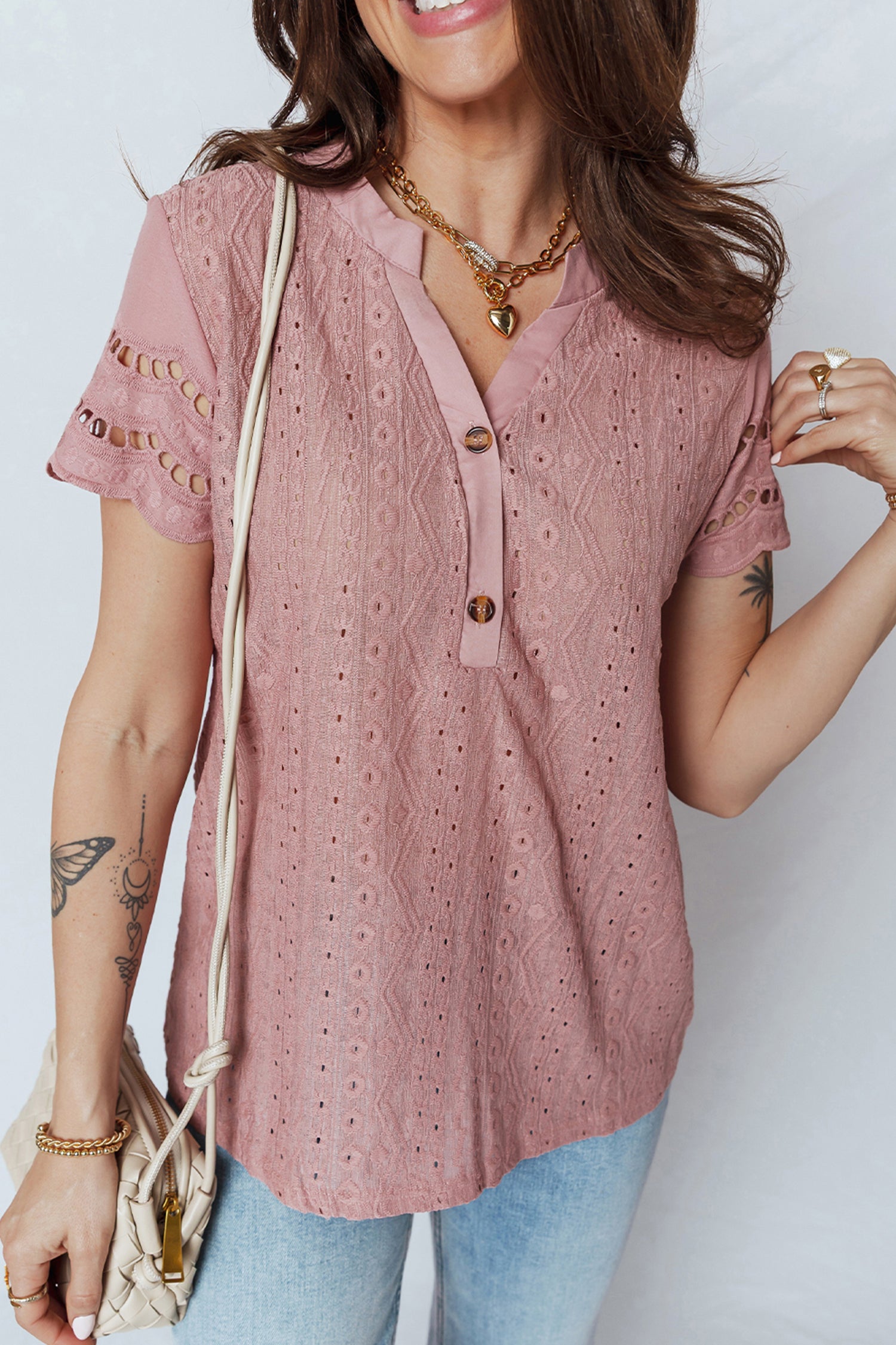 Fushia Textured Embroidered Half Buttons Short Sleeve Blouse cdf73e35b083c81b