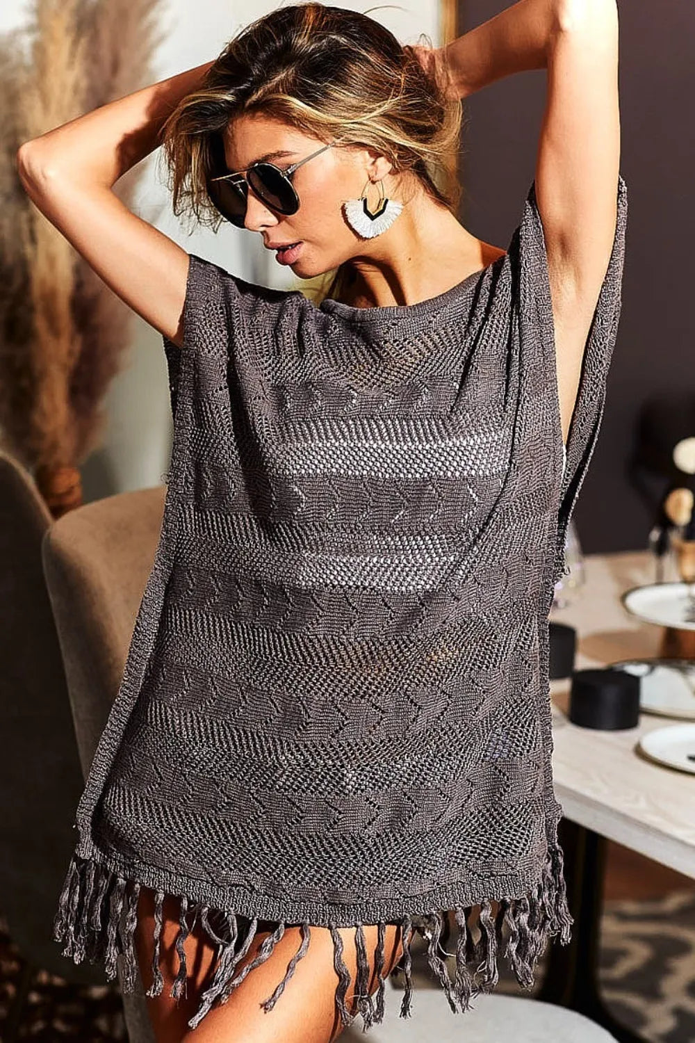 BiBi Fringed Hem Short Sleeve Knit Top cdfc806b-67d8-4b1a-9155-76d82328c5b0-Max