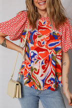 Red Paisley Geometric Mixed Print Patchwork Puff Sleeve Blouse Top ce00a9e957506352