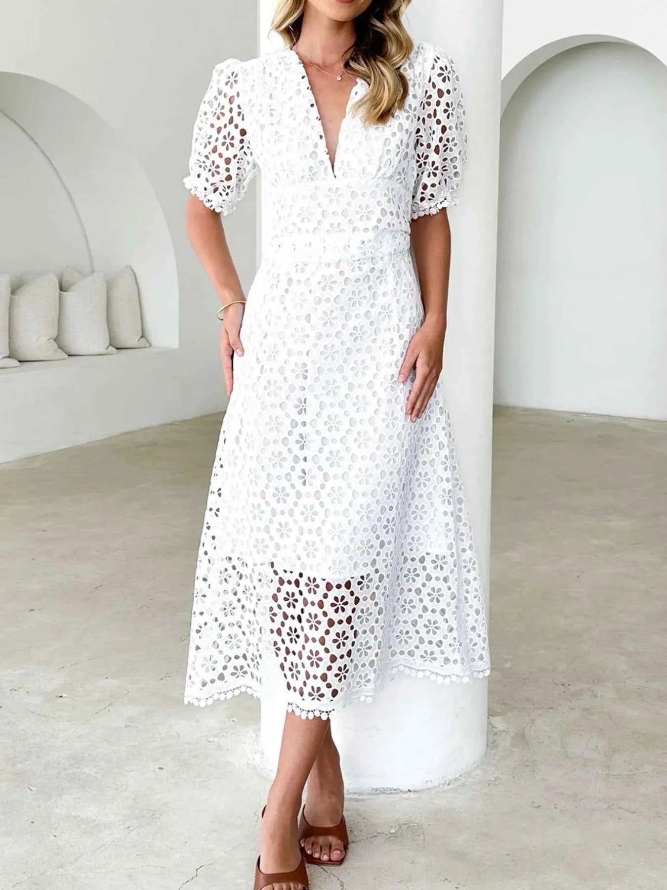 Eyelet Lace V-Neck Midi Dress with Puff Sleeves White ce0210e6-434c-4c1e-b61d-669372b2590a-Max-Origin