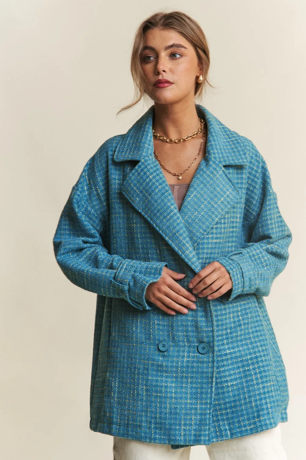 J.NNA Tweed Double-Breasted Long Sleeve Coat Emerald Sea ce048e84-42fa-4b15-8a64-70820de09d7c-Max
