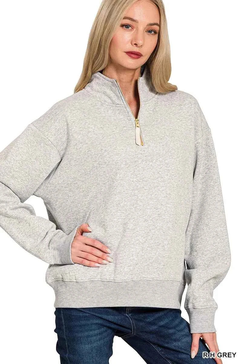 Zenana Fleece Half Zip Sweatshirt R H GREY ce07937a76054b45a0535b7778cb821f-Max-Origin
