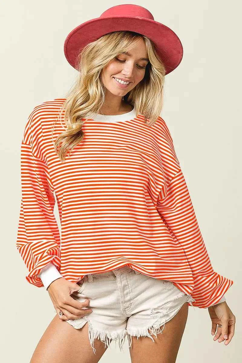 BiBi French Terry Stripe Long Sleeve Sweatshirt ORANGE ce0997b0372648feba110f0bf26a77ce-Max-Origin