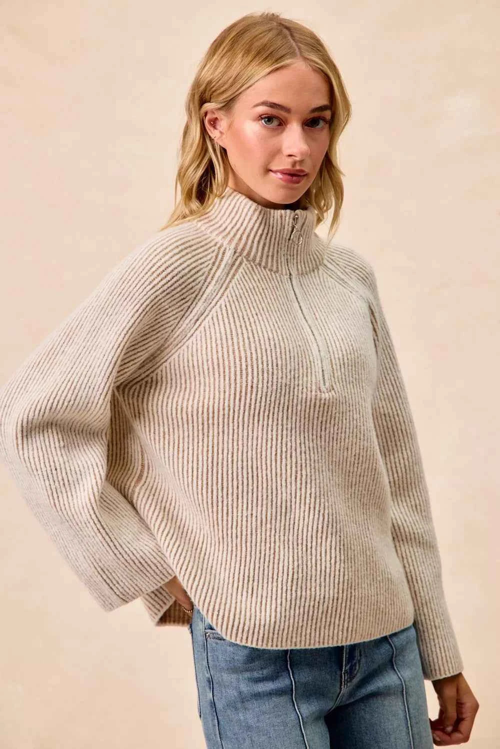 Two Tone Rib Texured Knit Collared Top with Zip Up ce0a7dfcec4f4d39a9130385f7b1b579-Max-Origin