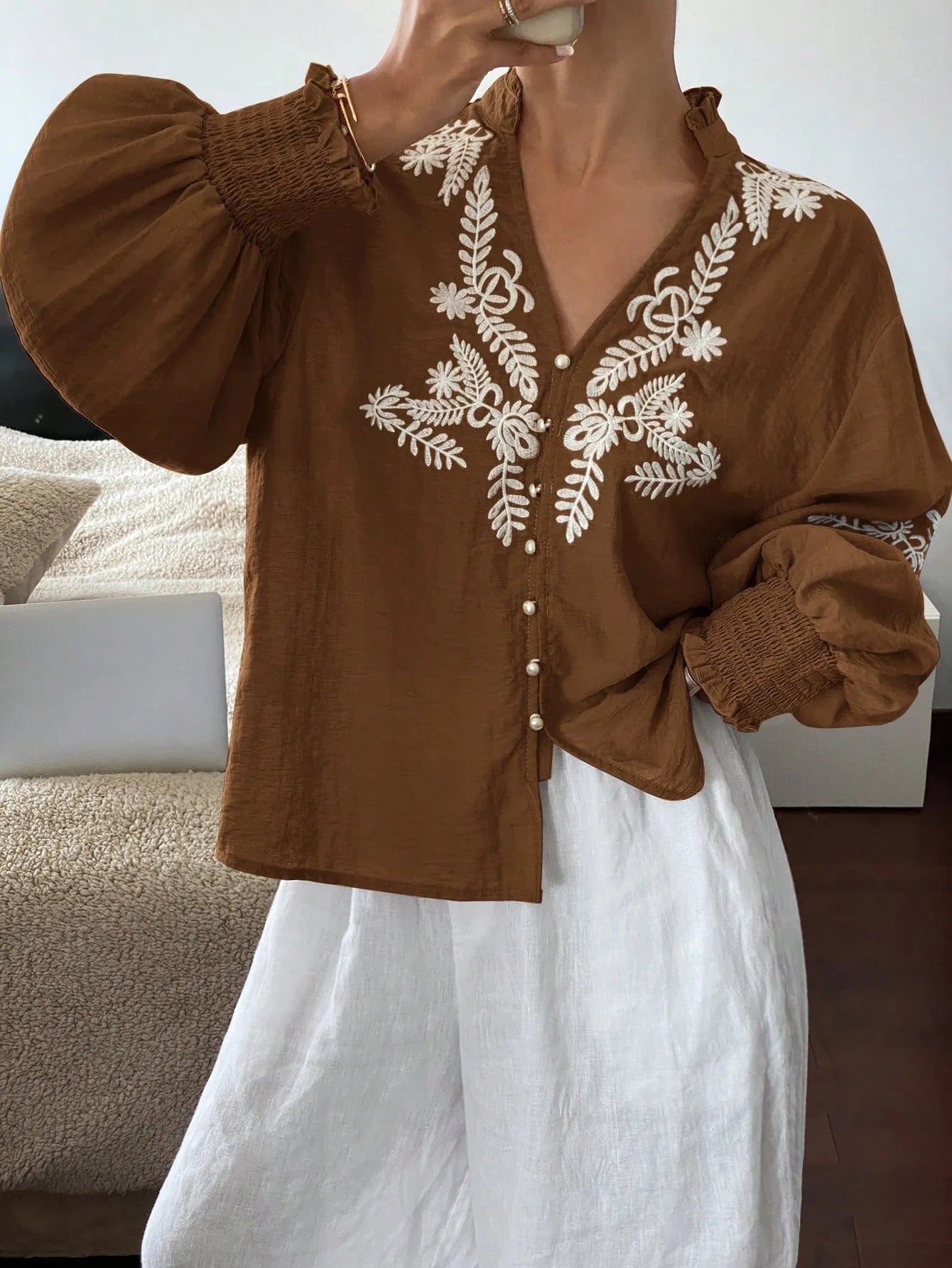 Embroidered Lantern Sleeve Blouse Brown ce0e2276-287b-40ca-94cf-746f5d1632e6-Max-Origin