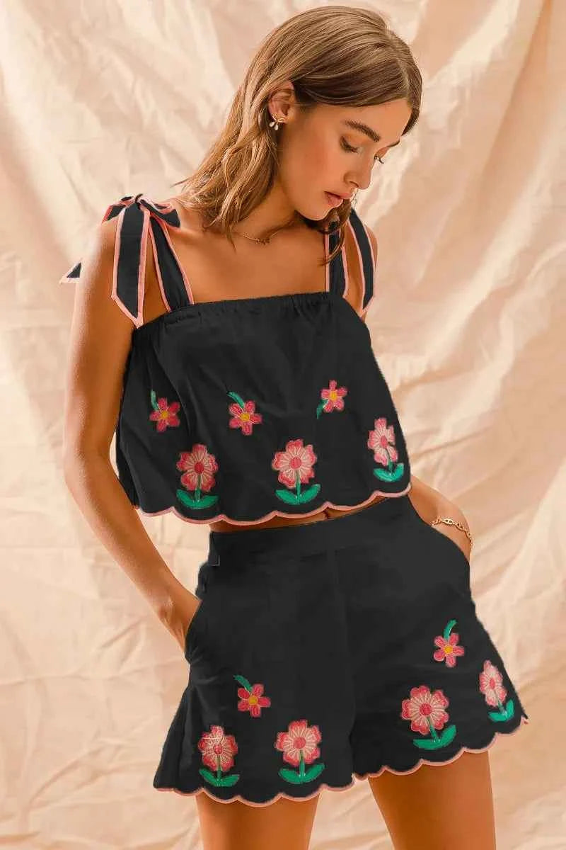 SO ME Flower Embroidered Tank Top and Shorts Set BLACK ce1211d2813342a8885c38b866129144-Max-Origin