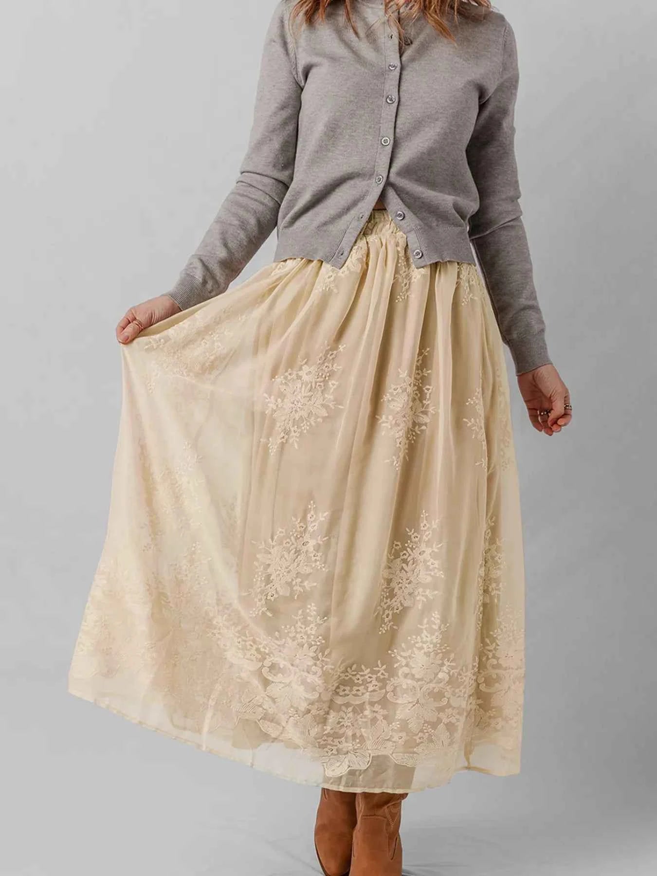 Embroidered Mesh Overlay Flowy Midi Skirt ce173db87975441d8e2a2d18790c4cef-Max-Origin