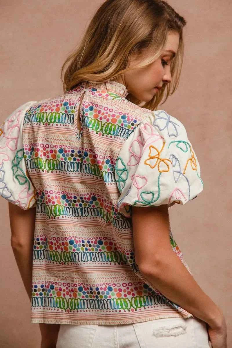 BiBi Ruffle Neckline Blouse With Embroidery Bubble Sleeve ce18607268134227b1fb4bb5b38fc5fb-Max-Origin