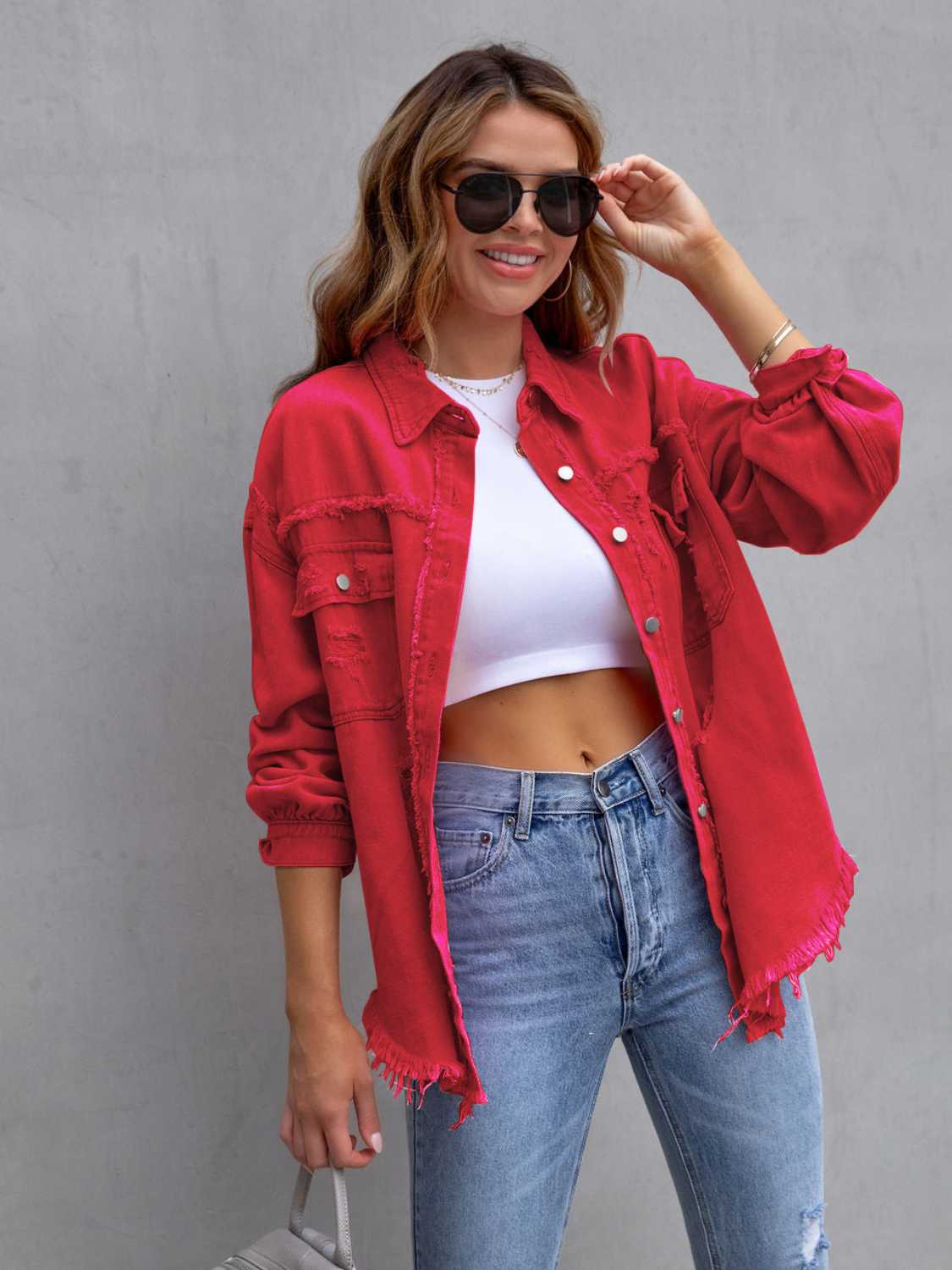 Distressed Drop Shoulder Denim Jacket Deep Red ce1ca20978c04bae85f0678148fc1a74-Max