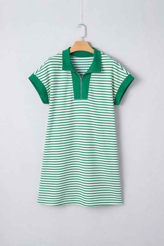 Stripe Quarter Zip Polo Collar T-Shirt Dress Green Stripe ce1db4a4-c5a6-40c5-96cd-8764872386b3