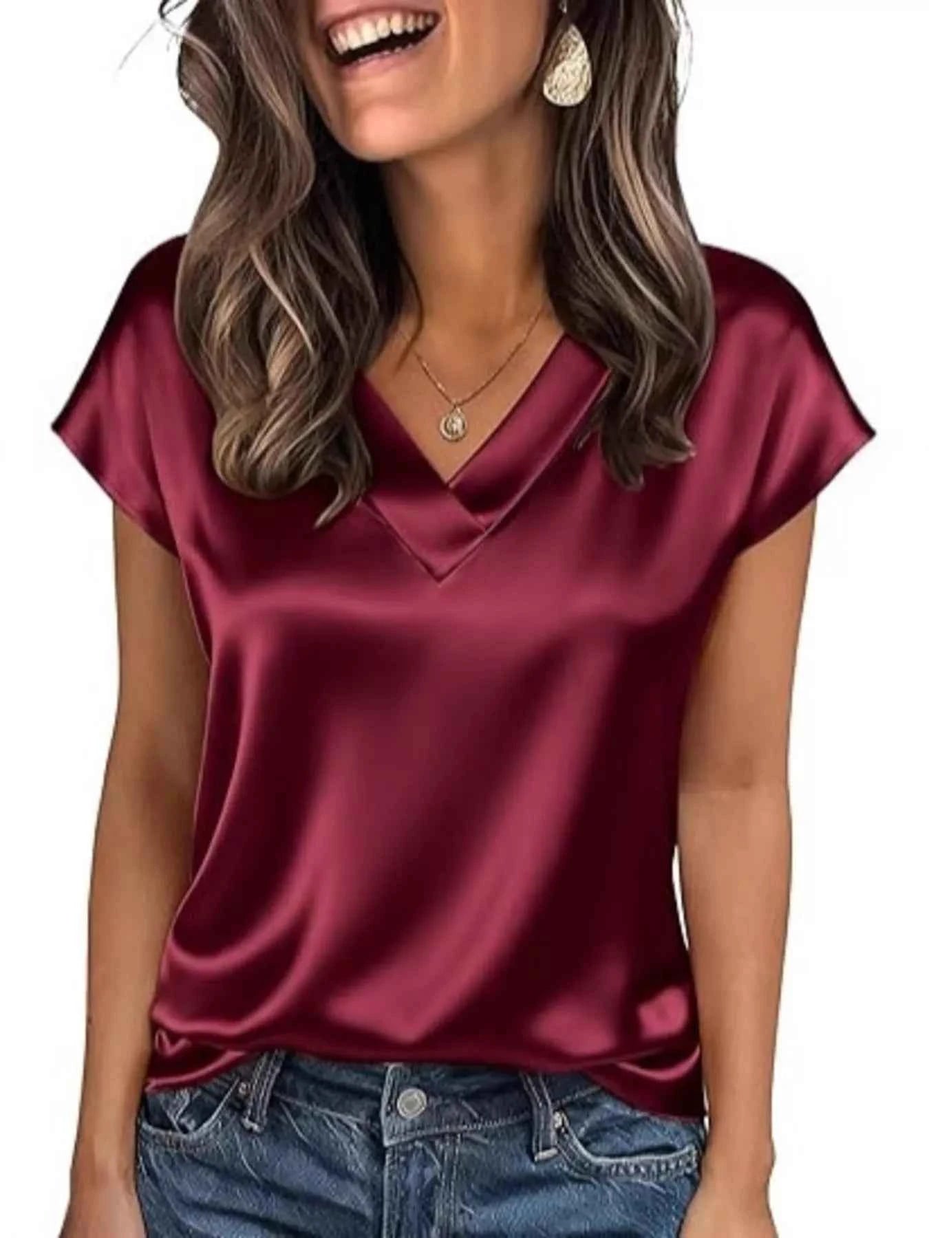 Satin V-Neck Short Sleeve Blouse Wine Red ce1f579bc65c4eceb800ce661cc9dfb3-Max-Origin
