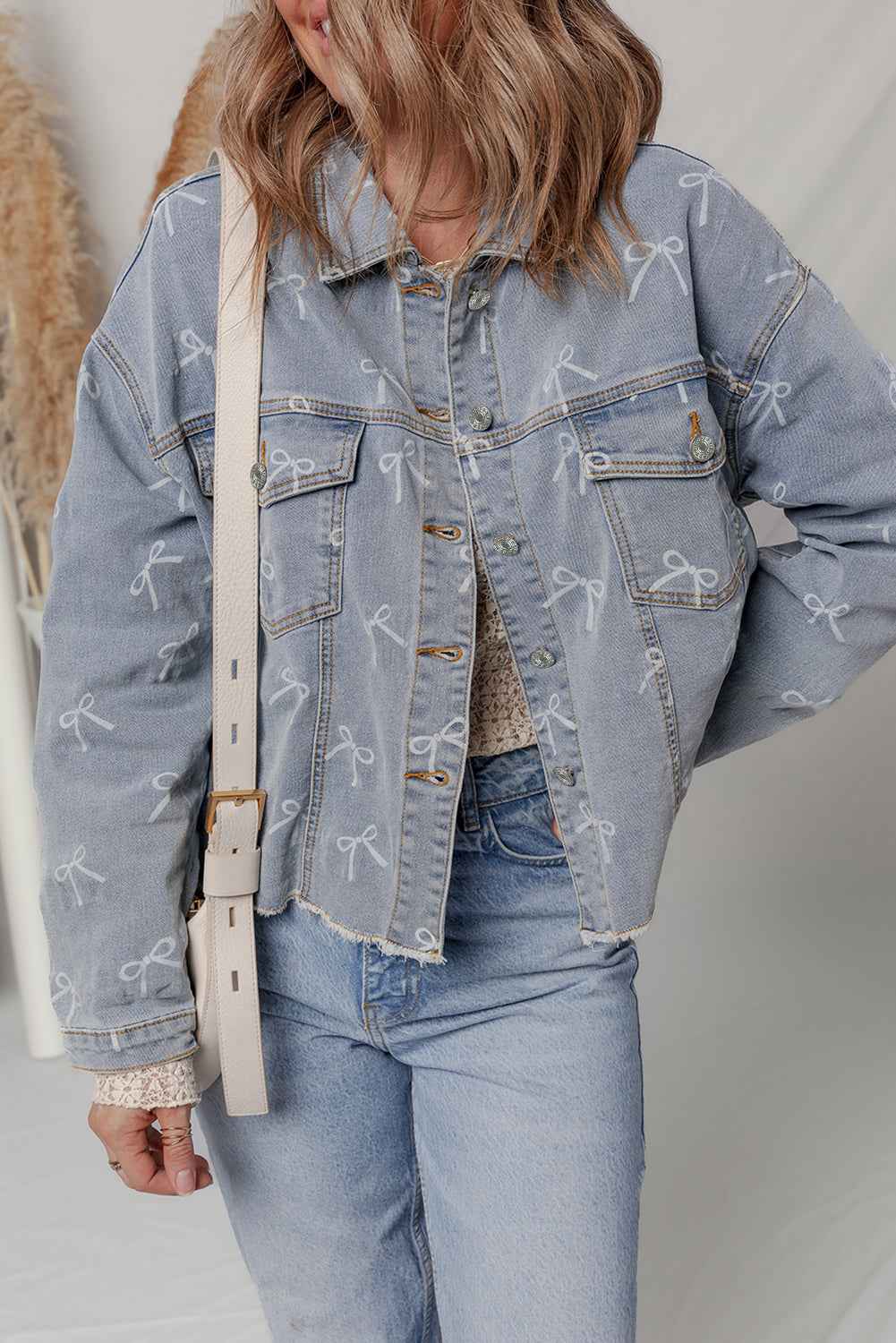 Sky Blue Bow Print Light Wash Raw Hem Denim Jacket ce258c56cc72ff69