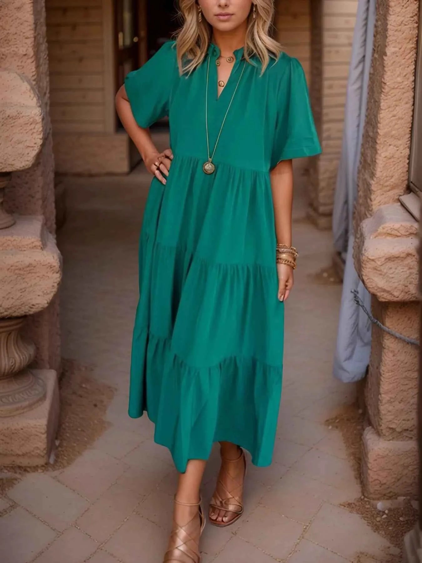 Short Sleeve Tiered Midi Shirt Dress Green ce2b2aa1-0ea0-45bf-8a30-ebc12e668a28-Max-Origin