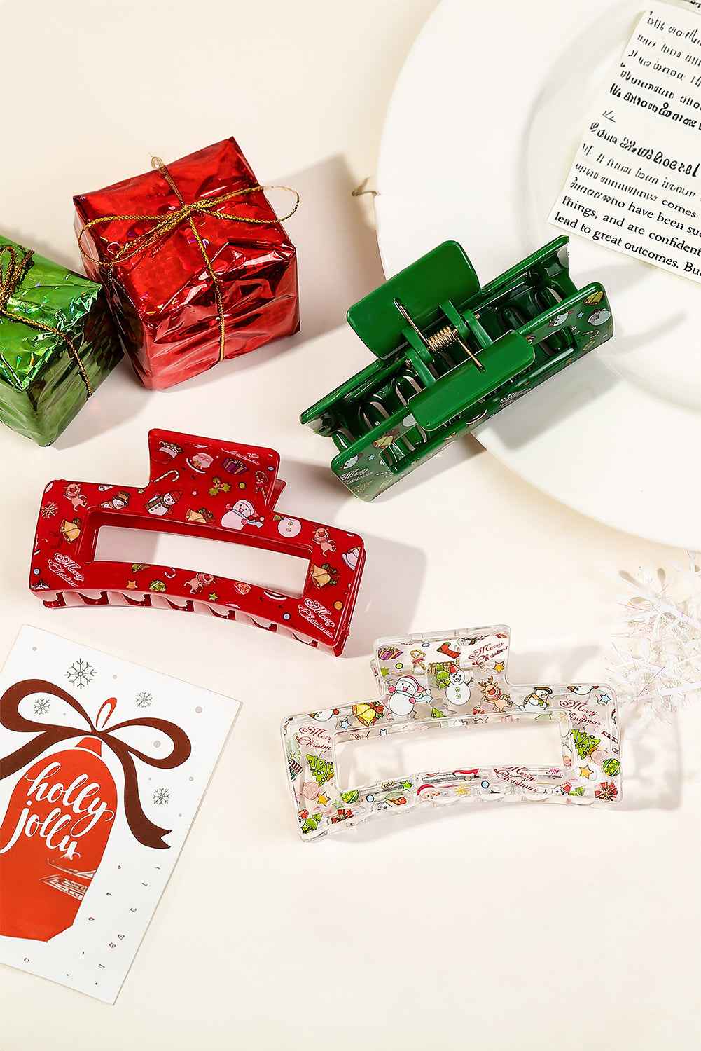 Racing Red Cartoon Christmas Pattern Print Hollow Out Hair Claw Clip ce343388c8a8f3a9