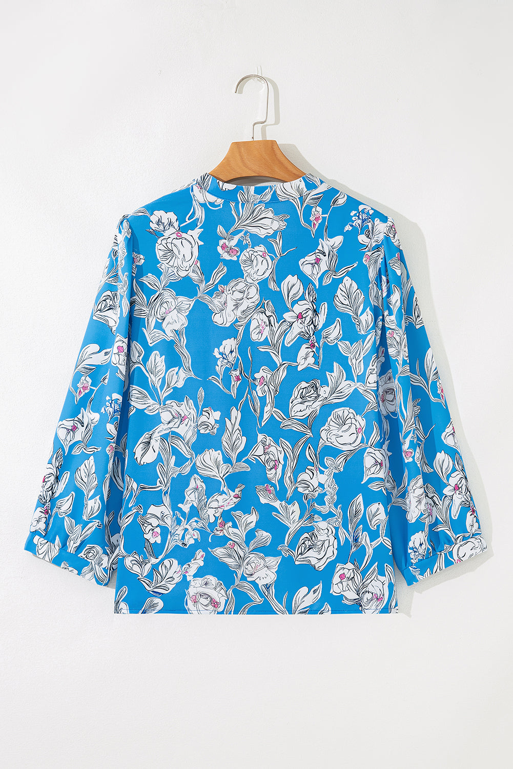 Sky Blue Vintage Floral Print V-Neck Bubble Sleeve Blouse ce39adbf8b909086