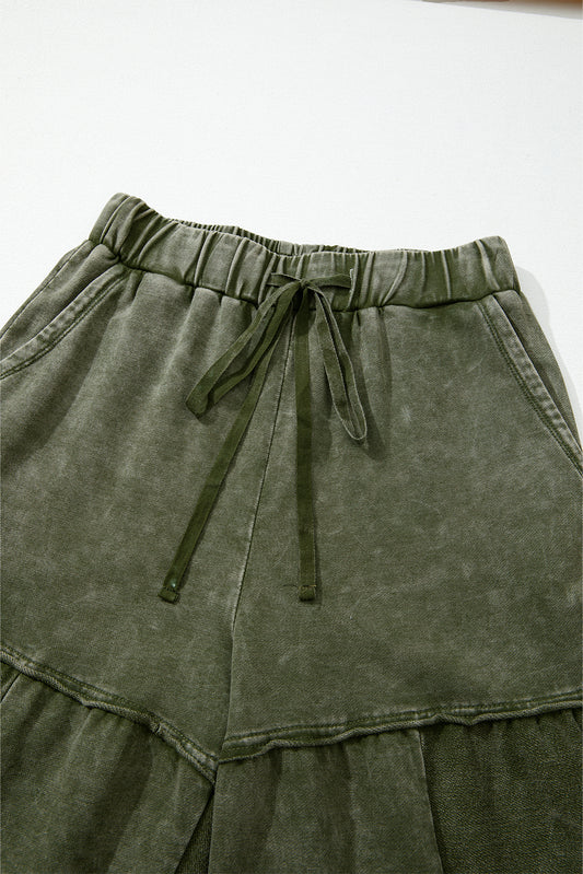 Vineyard Green Mineral Wash Tiered Wide Leg Patchwork Drawstring Pants ce3ae6ac01798bb5
