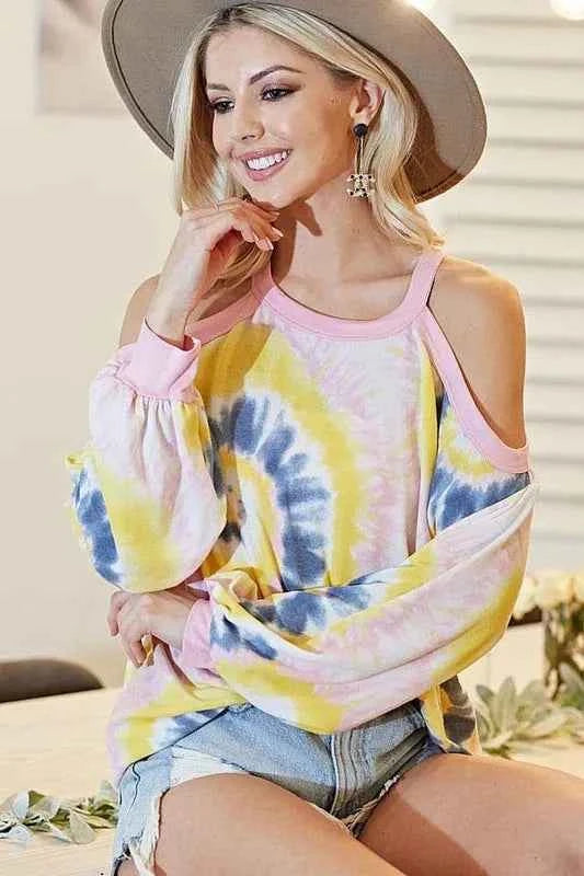 Tie Dye Print Terry Top with Cold Shoulder Detail BLUSH MULTI ce3afadec0794b43903582d7825dab76-Max-Origin