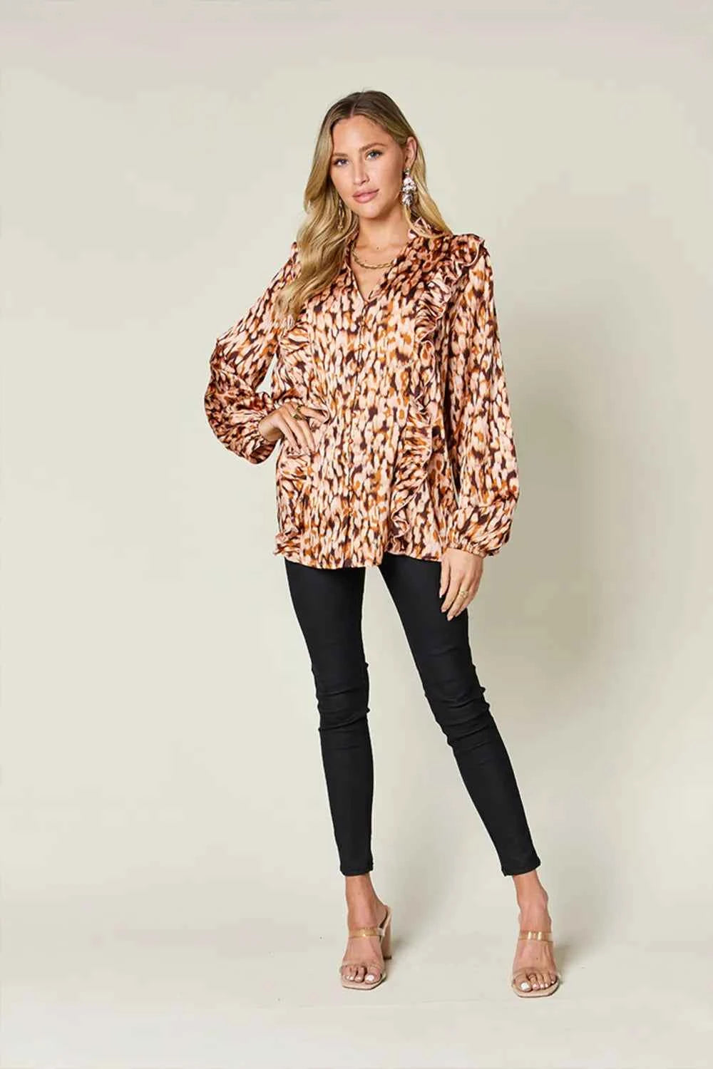 Double Take Full Size Printed Ruffle Trim Balloon Sleeve Shirt ce400a22-925a-4d18-b32c-cda448e96577-Max