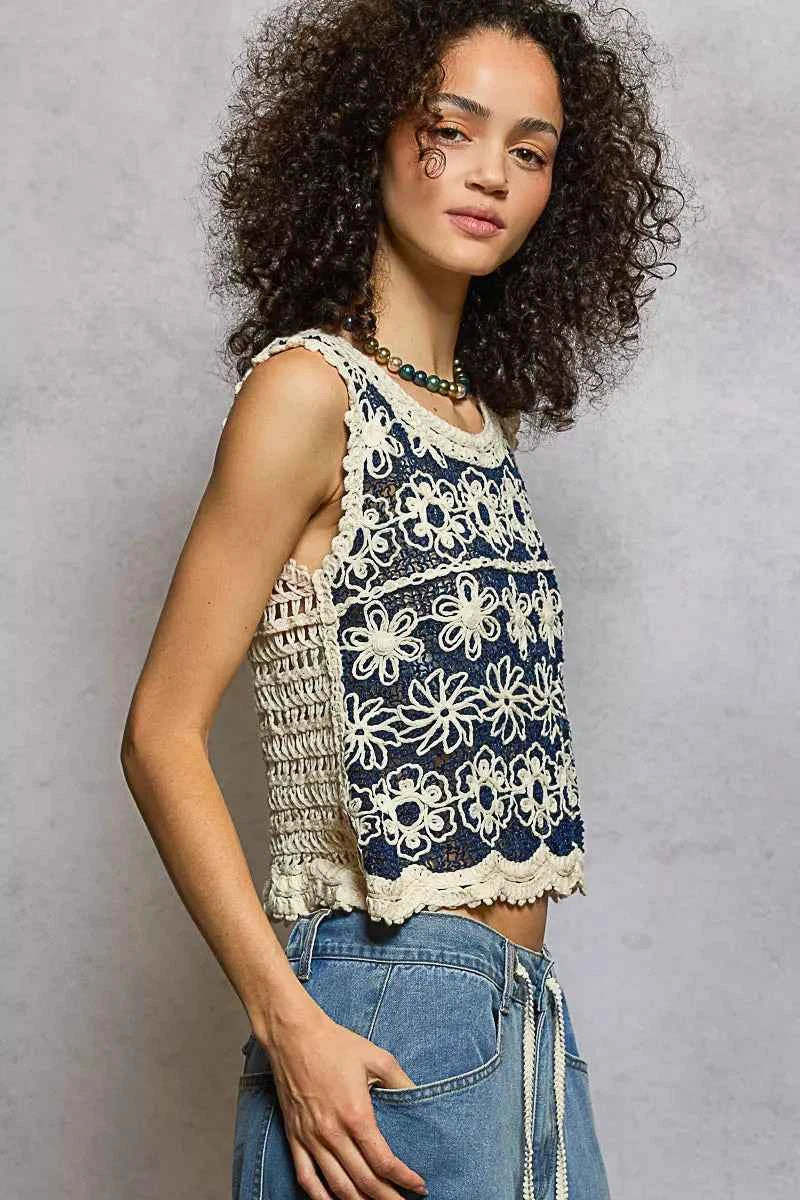 POL Floral Round Neck Cropped Crochet Sleeveless Top with Scalloped Edge ce408cda-f77e-4886-a97e-2b57891d5649-Max-Origin