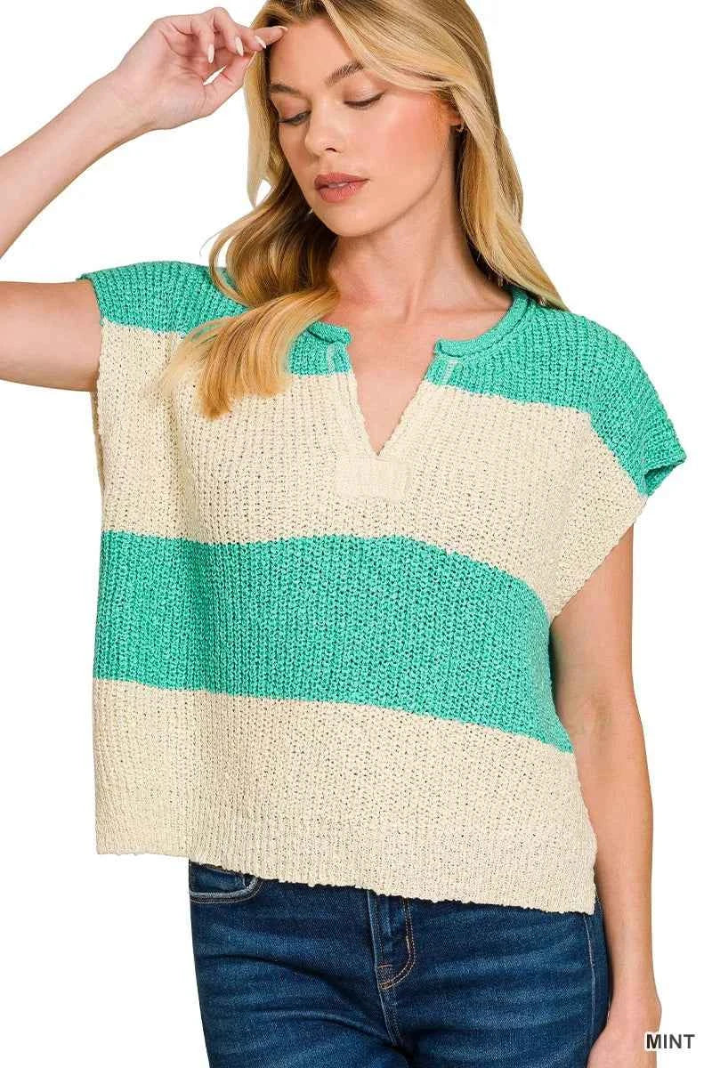 Zenana Split Neck Sleeveless Stripe Sweater MINT ce43a9508bf64f78aa4d0428e8893473-Max-Origin