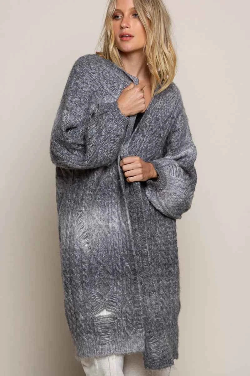 POL Distressed Cable-Knit Ombre Dying Cardigan