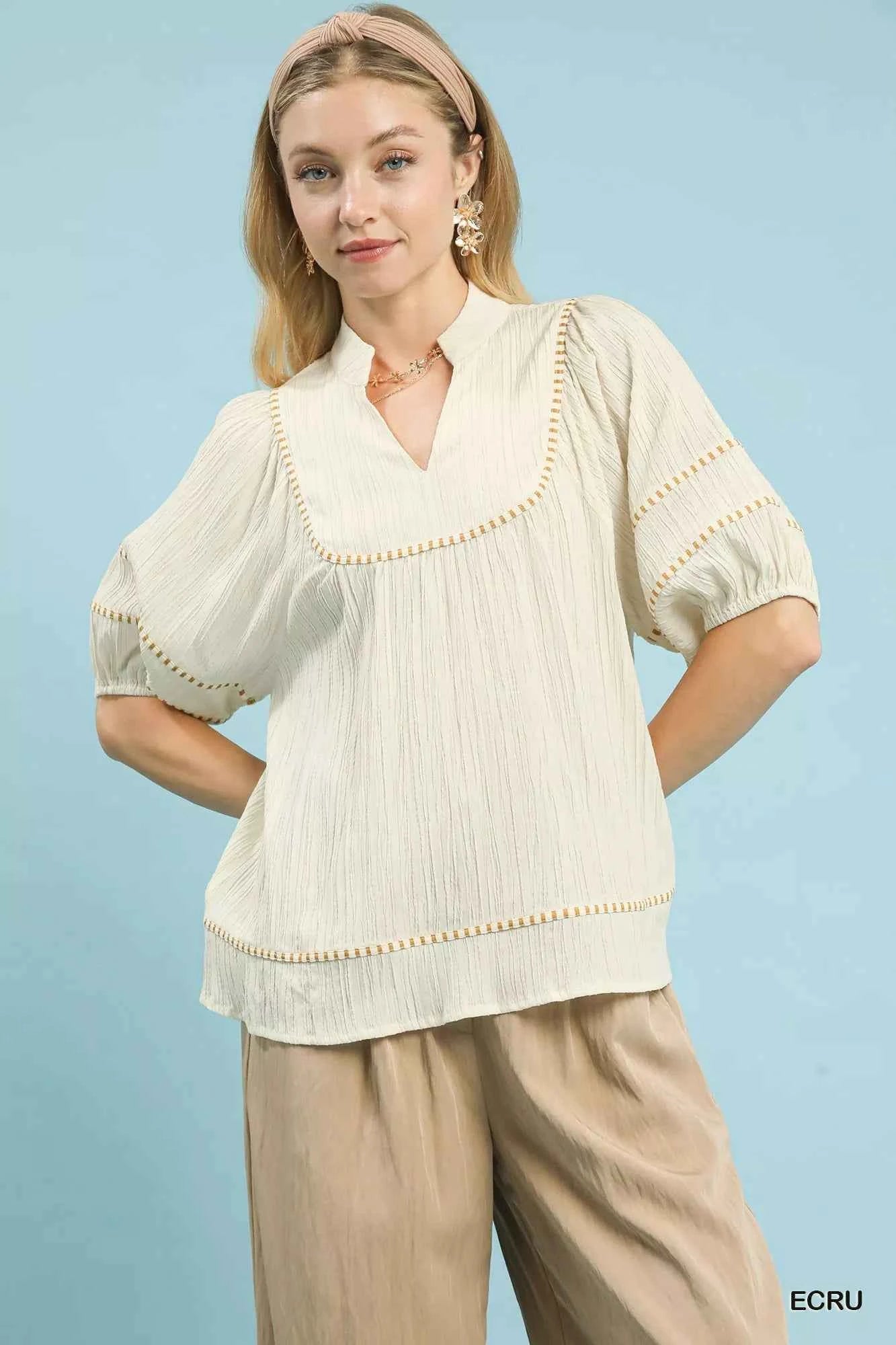 Umgee Textured Short Sleeve Top with Contrast Trim ECRU ce465863-d2db-4cbe-b3de-1d3a7e7e5fab-Max-Origin