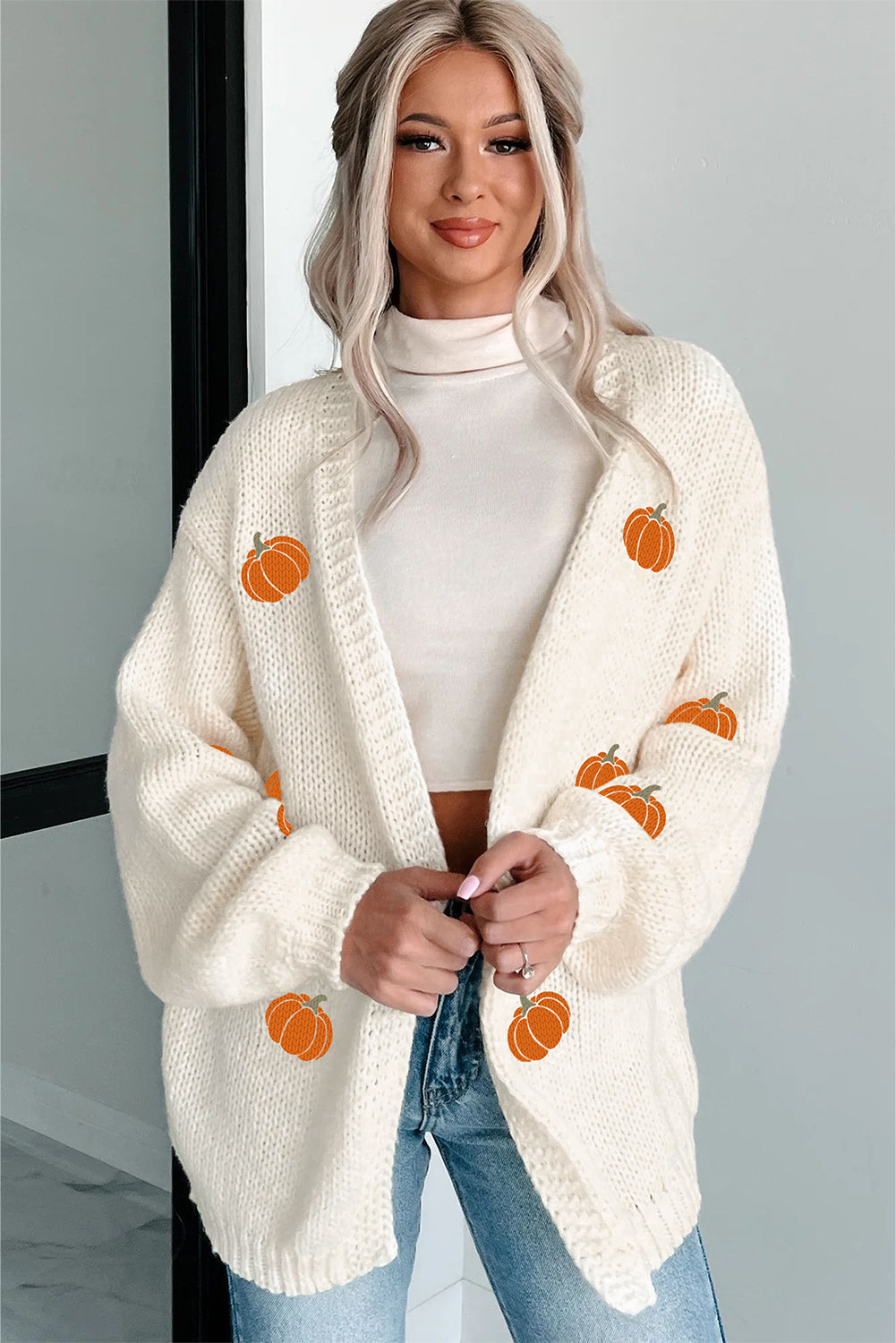 White Pumpkin Print Open Front Drop Shoulder Knit Cardigan ce4c0beb42ba8e6b
