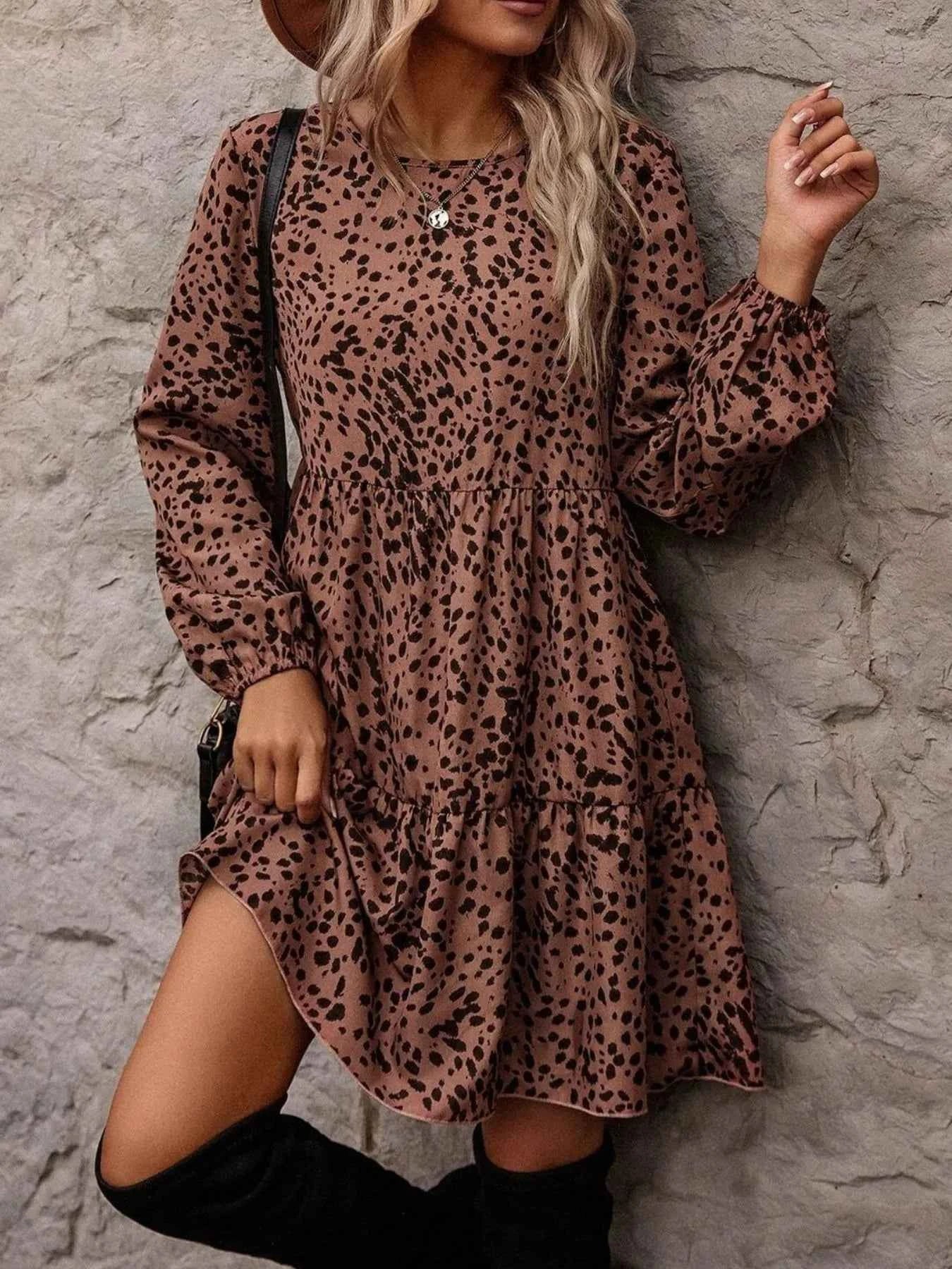 Leopard Print Long Sleeve Casual Dress Maroon ce4c2936-70e4-4f51-a32b-03560d789949-Max-Origin