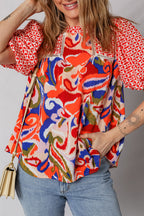 Red Paisley Geometric Mixed Print Patchwork Puff Sleeve Blouse Top ce4df4d5f7ebc0d7