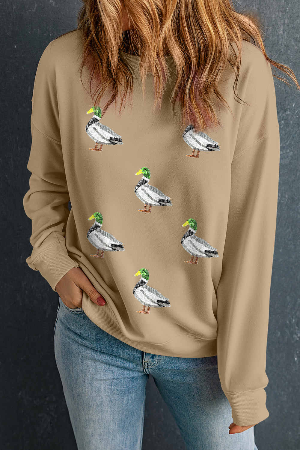 Khaki Sequin Mallard Duck Graphic Sequins Patch Baggy Sweatshirt ce4e457d464e929f