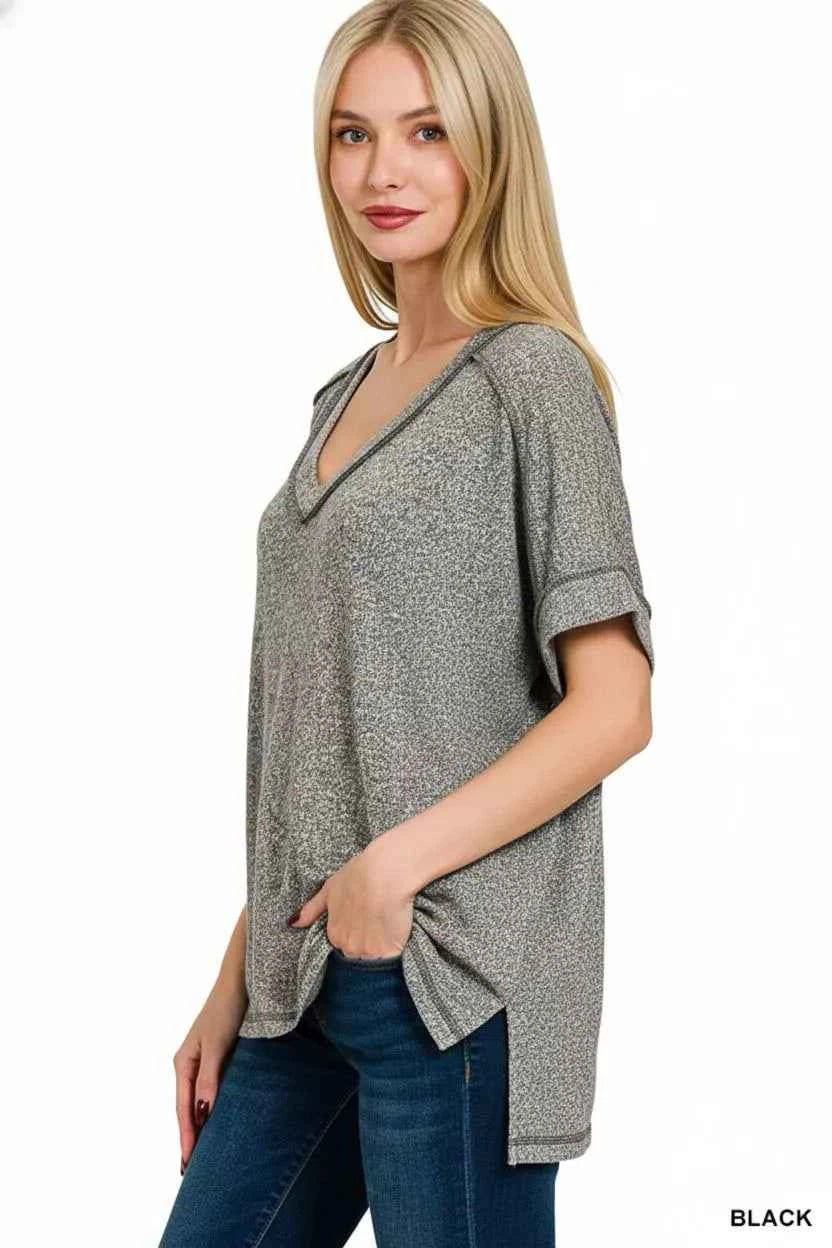 Zenana Full Size Soft Melange Hacci V-Neck Short Sleeve Hi-low Tee Plus Size ce4e64b4-a298-4fe7-a8f9-5f22b482c844-Max-Origin