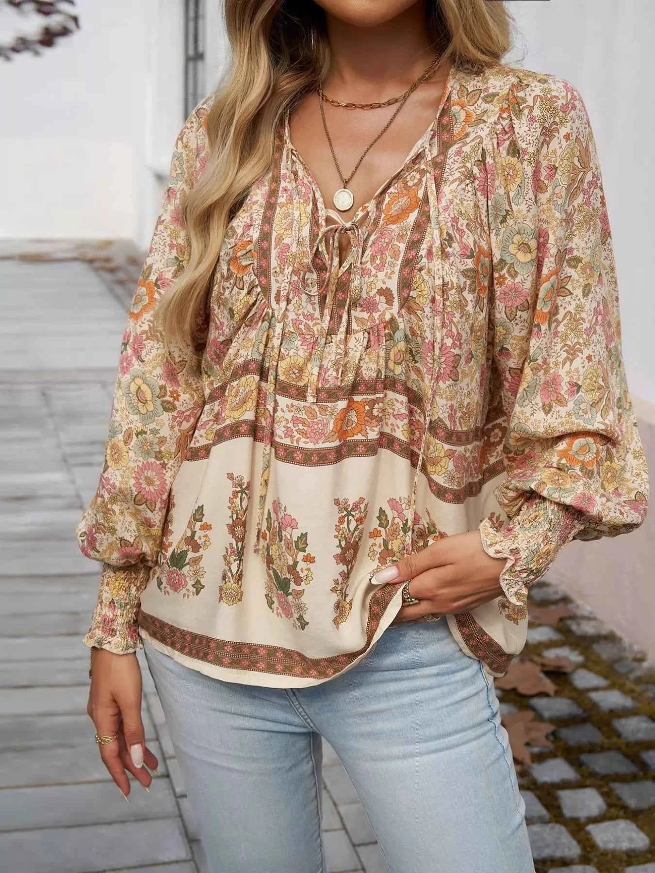 Floral Print Tie Neck Bohemian Blouse ce512829-6c4c-485e-a093-c6e6959eb1f1-Max-Origin