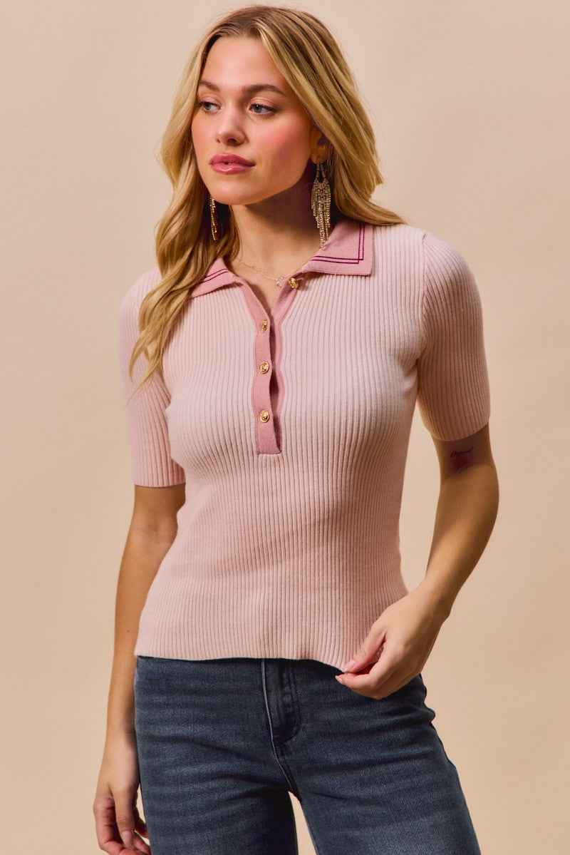 SO ME Contrast Collar Stretchy Rib Knit Short Sleeve Top BABY PINK ce552b84485047ed8cfc0fb5ce347f08-Max