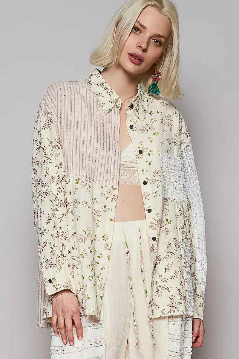 POL Lace Patchwork Floral Button-Up Shirt NATURAL MULTI ce592010-9669-45f8-ab9e-8beb3b83b099-Max-Origin