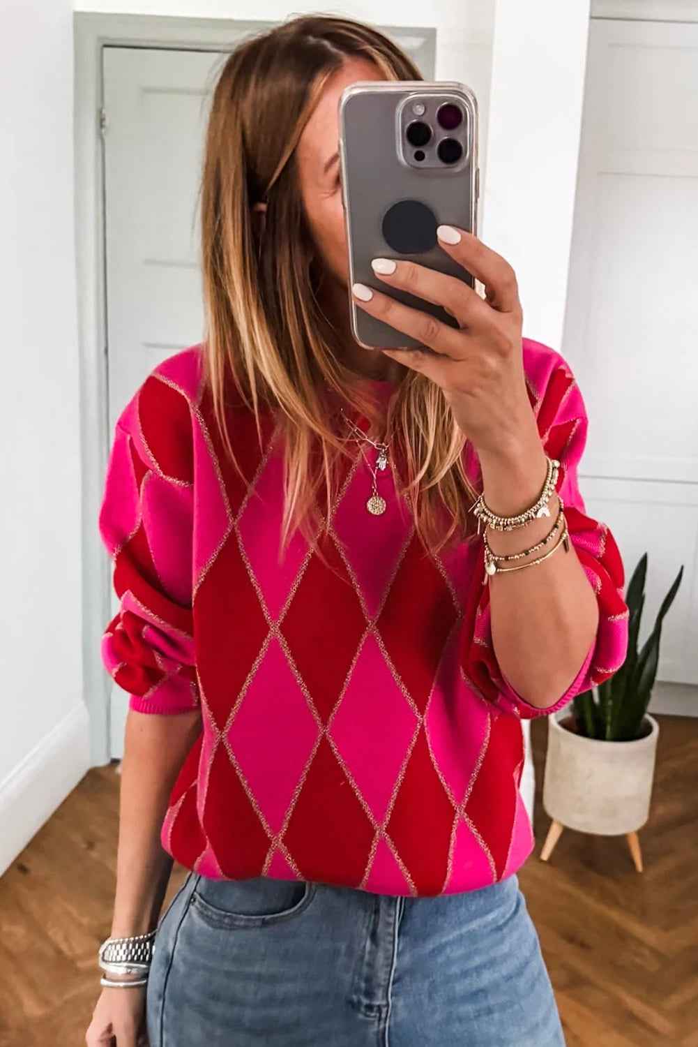 Rose Red Glitter Rhombus Pattern Knit Womens Casual Sweater ce5afe0089fc2ec2