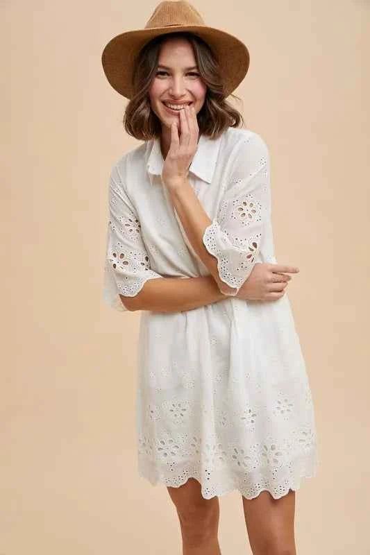Embroidered Scallop Edge Detail Mini Shirt Dress ce5b706b2756475d97943e7129bbf59e-Max-Origin