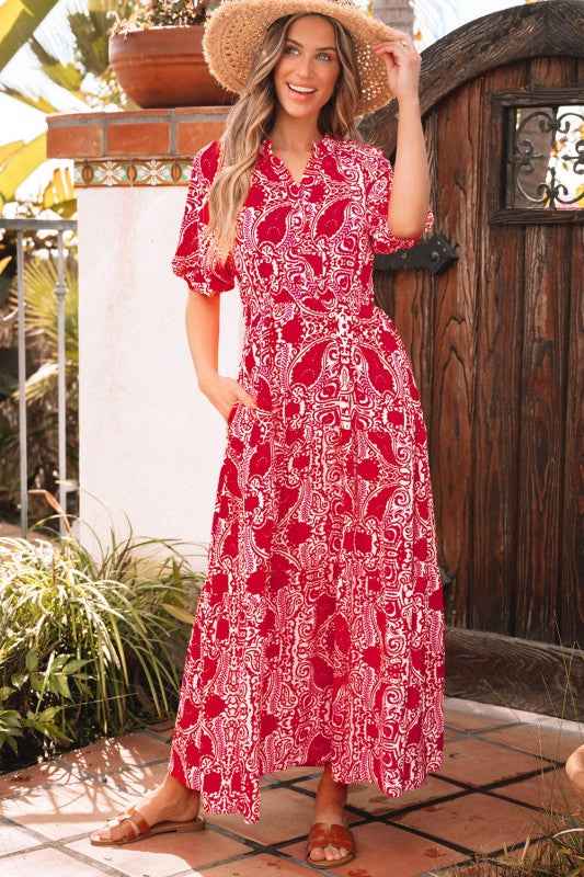 Paisley Side Slit Puff Sleeve Maxi Dress ce5bf57f-1954-46be-ba05-efaec601264a