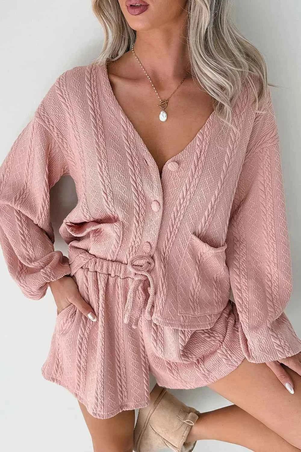 Cable Knit V Neck Cardigan and Shorts Set ce61fa5f-0bf9-47f4-92a8-c74a2cc91877-Max-Origin