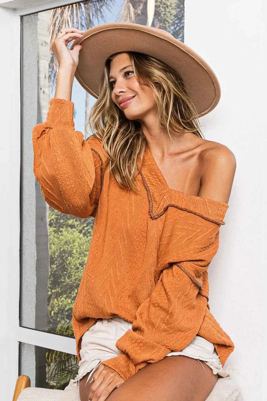 BiBi Textured Exposed Seam Drop Shoulder Knit Top Rust ce629895-9ac4-4885-91e7-1dfe85c514e3-Max