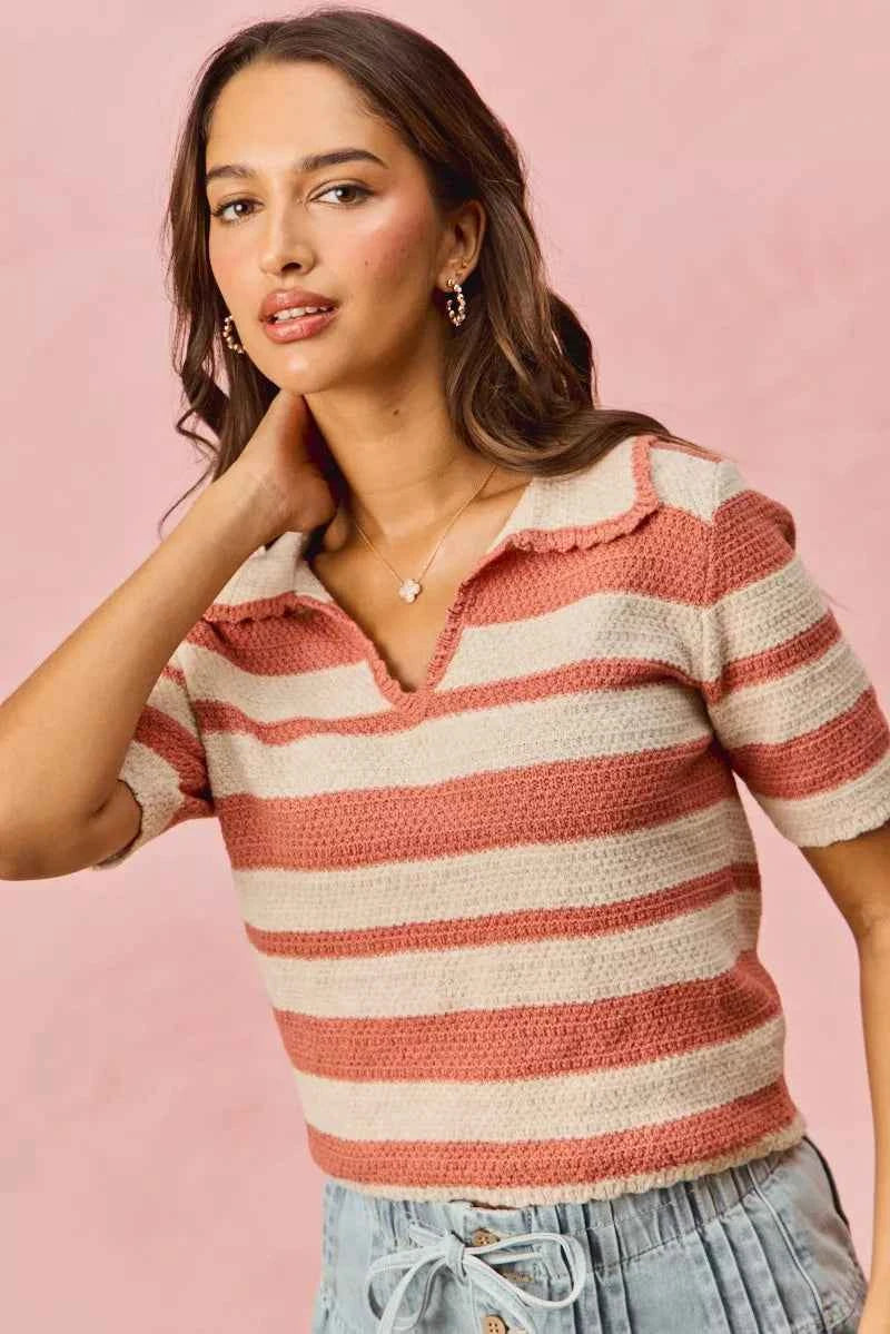 SO ME Stripe Short Sleeve Cropped Sweater ce63a3c10632456d8e93e48add87529e-Max-Origin