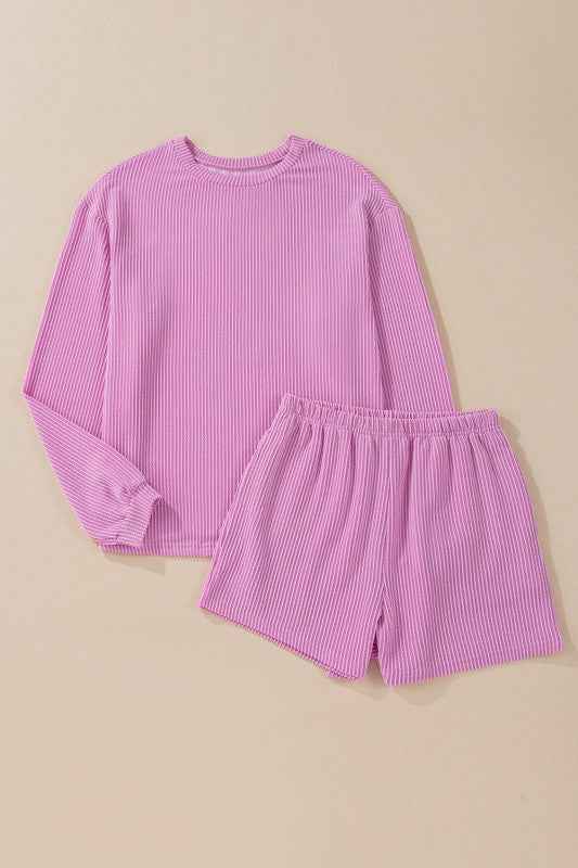 Corded Knit Long Sleeve Top and Shorts Set ce646129-66aa-45a0-b233-0f79d4a3366f
