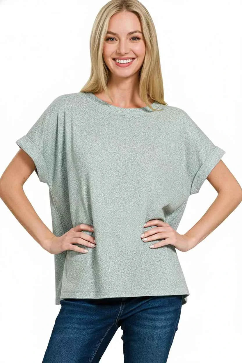 Zenana Soft Melange Hacci Short Sleeve Round Neck Top ce6476d2-d950-45fb-b419-d363c4bb3f15-Max-Origin