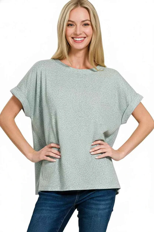 Zenana Soft Melange Hacci Short Sleeve Round Neck Top ce6476d2-d950-45fb-b419-d363c4bb3f15-Max-Origin