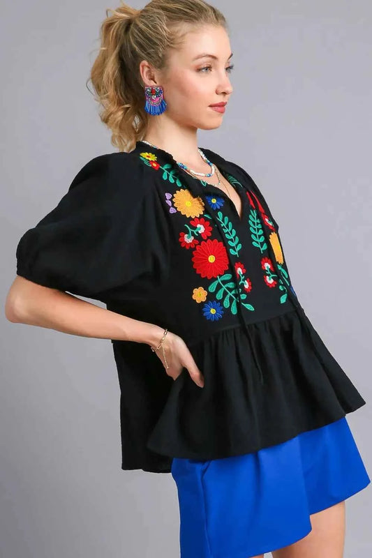Umgee Full Size Cotton Gauze Floral Embroidery Babydoll Blouse Plus Size ce653b80-86f9-4653-8748-d7011bf39a12-Max