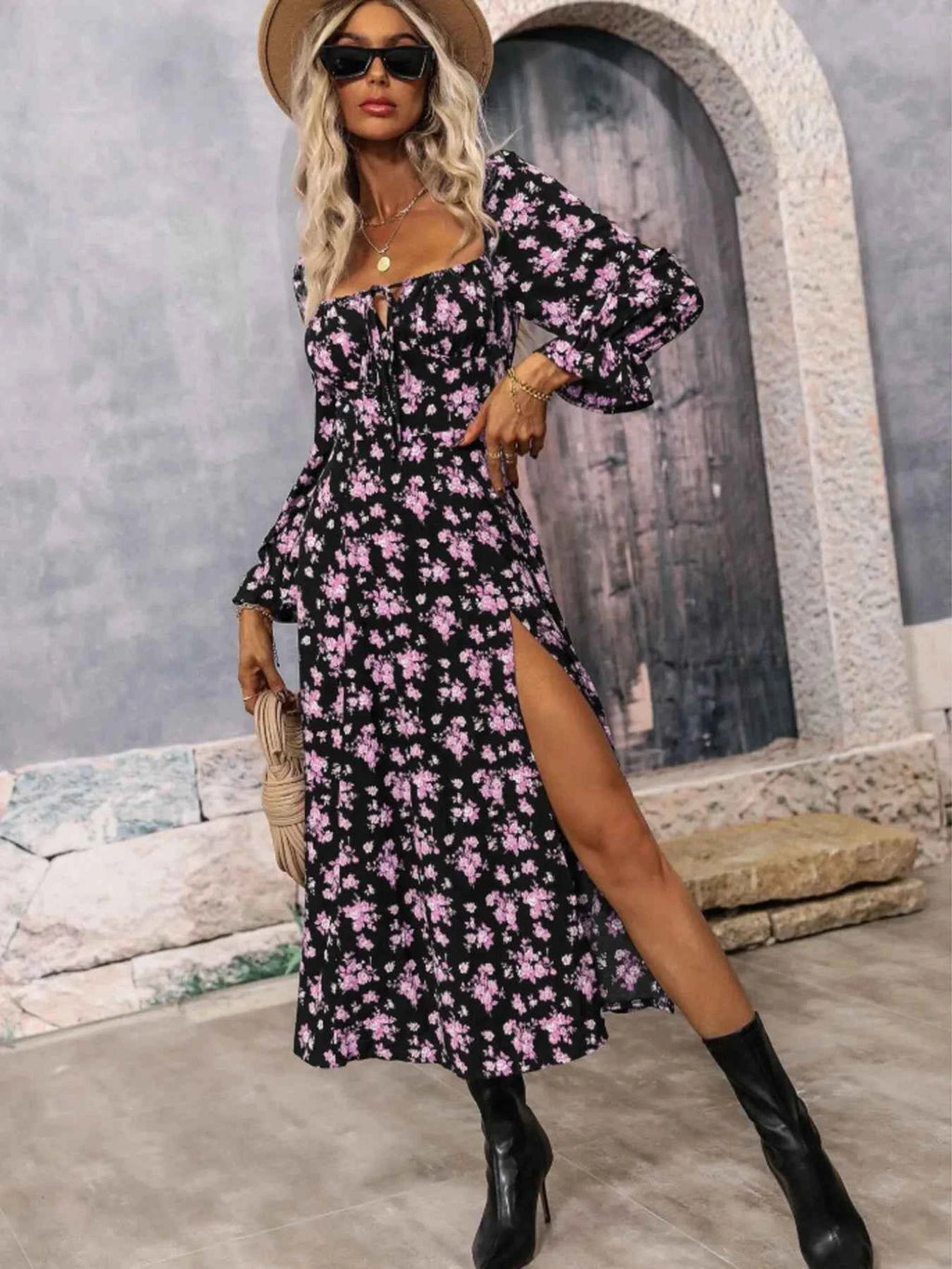 Floral Print Square Neck Flounce Sleeve Dress with Side Slit ce67b413fa4b4b579826319b5a5c5cbe-Max-Origin