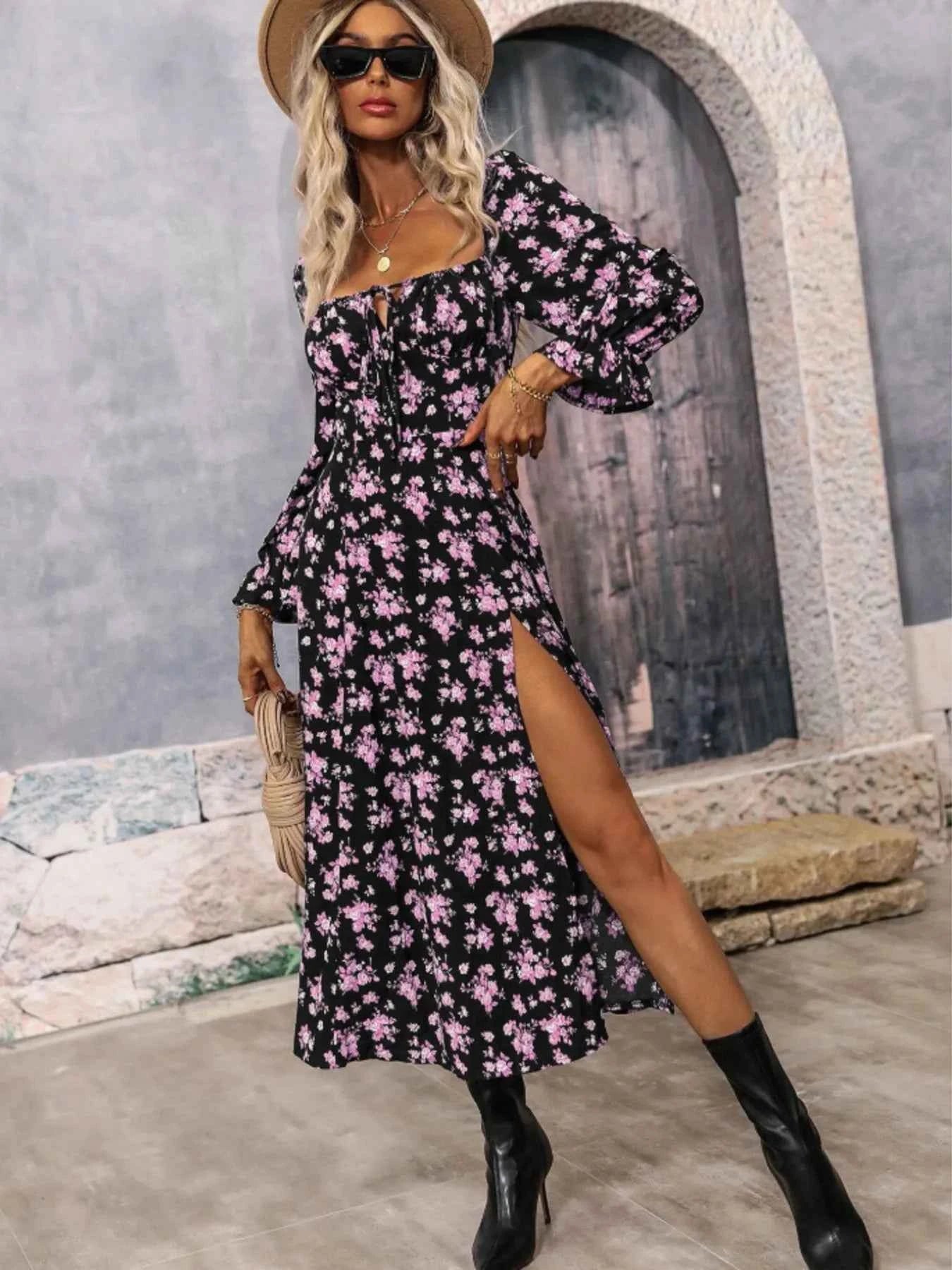 Floral Print Square Neck Flounce Sleeve Dress with Side Slit ce67b413fa4b4b579826319b5a5c5cbe-Max-Origin